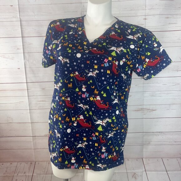 Serene Uniforms Women's Large Scrub Top V neck pockets Santa Christmas Unicorn - Picture 1 of 8